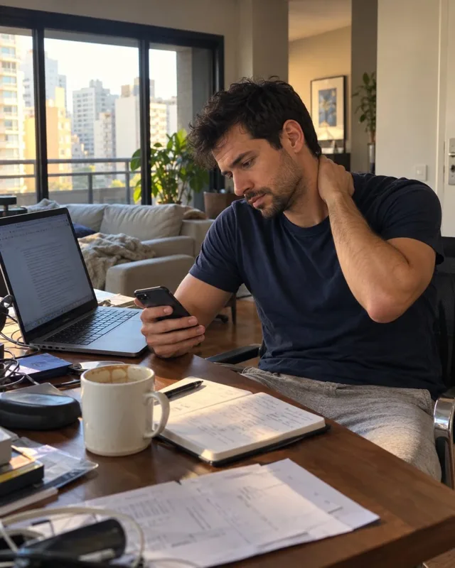 Homem à mesa de trabalho, com o celular na mão e a outra mão no pescoço