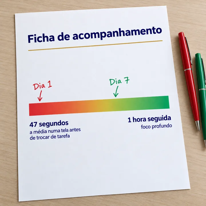 Ficha de acompanhamento: uma régua do vermelho ao verde, de 47 segundos, a média numa tela antes de trocar de tarefa, até 1 hora seguida de foco profundo, com o Dia 1 marcado perto do vermelho e o Dia 7 depois do meio